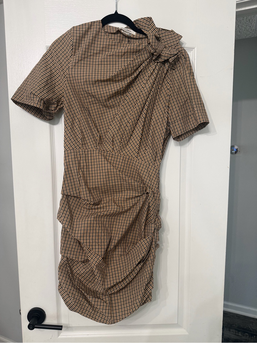 Isabel Marant Etoile Oria draped checked cotton dress in brown and black
